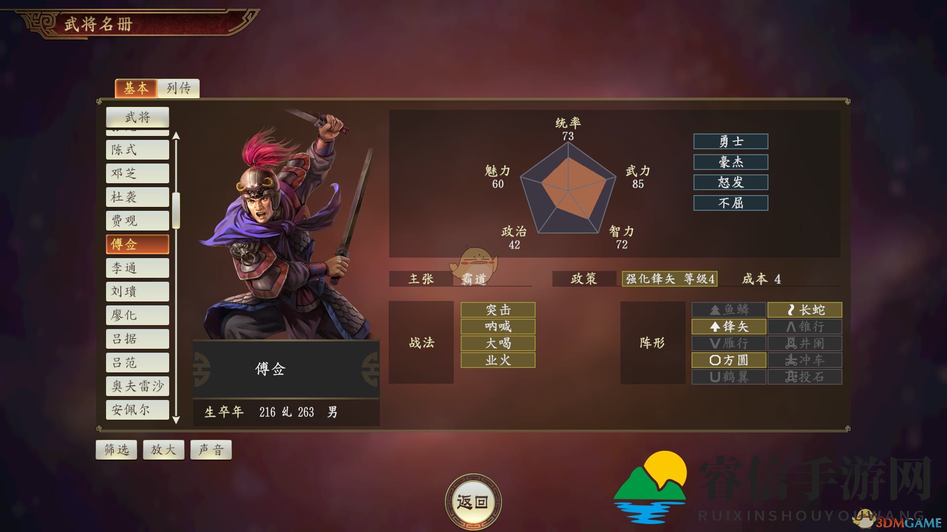 《三国志14》傅佥武将点评